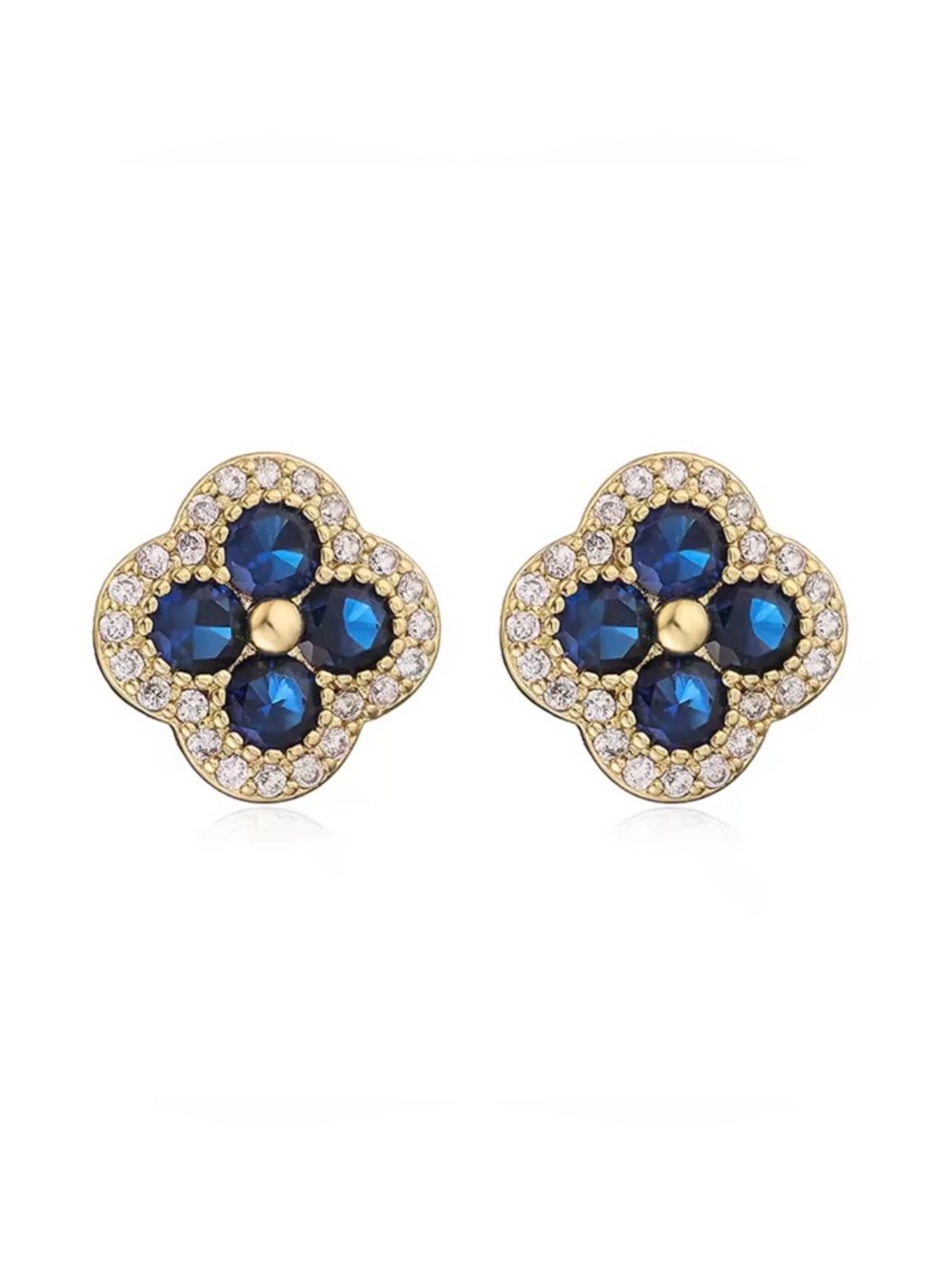 18K Gold-Tone Blue Crystal Clover Stud Earrings